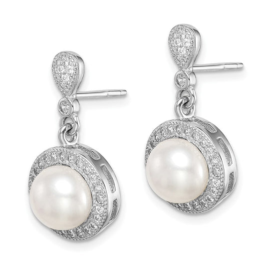 Rhodium-plated Sterling Silver 8mm Imitation Shell Pearl CZ Post Earrings