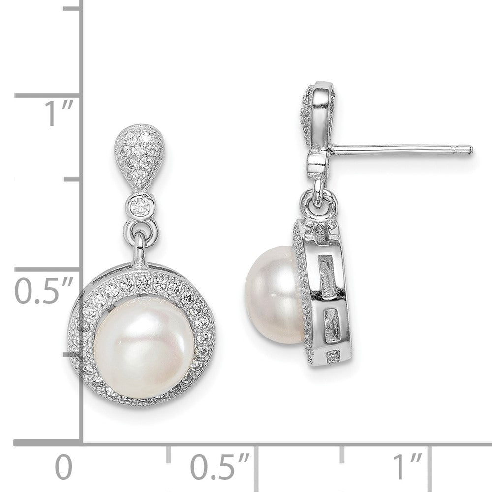 Rhodium-plated Sterling Silver 8mm Imitation Shell Pearl CZ Post Earrings