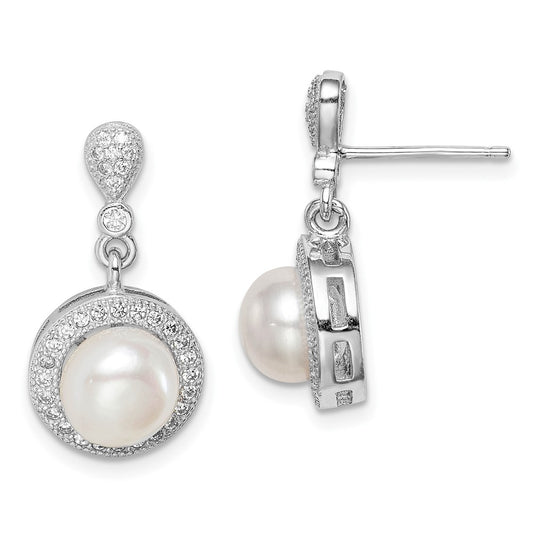 Rhodium-plated Sterling Silver 8mm Imitation Shell Pearl CZ Post Earrings