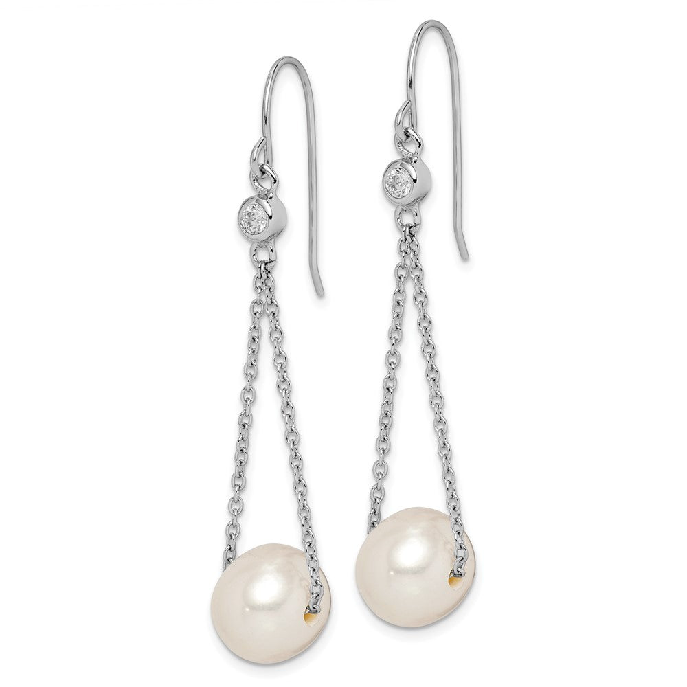 Rhodium-plated Sterling Silver 9-10mm White FWC Pearl CZ Dangle Earrings