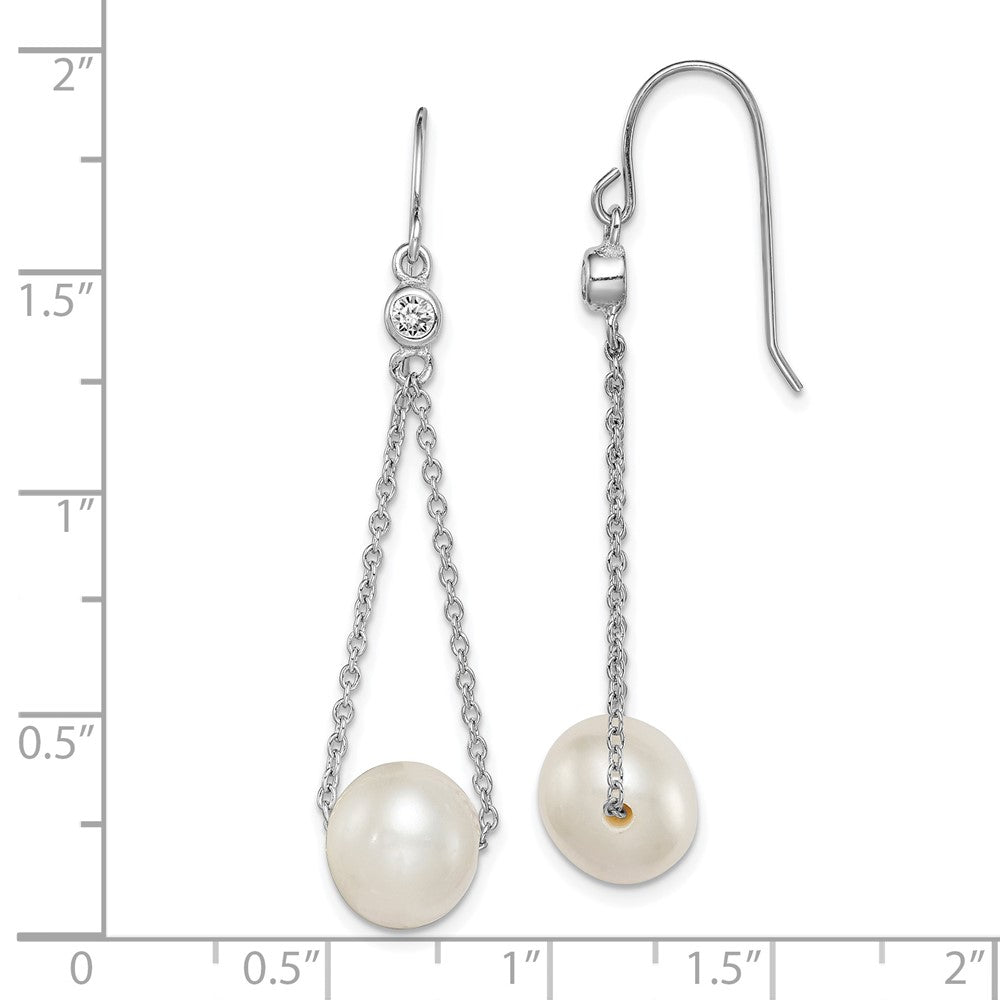 Rhodium-plated Sterling Silver 9-10mm White FWC Pearl CZ Dangle Earrings