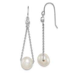 Rhodium-plated Sterling Silver 9-10mm White FWC Pearl CZ Dangle Earrings