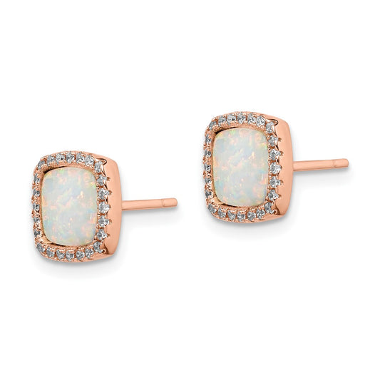 Rose Gold-plated Sterling Silver Square Created Opal CZ Halo Post Earrings