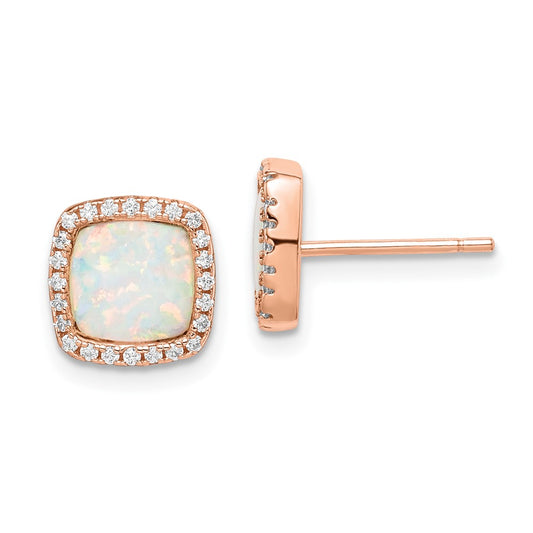 Rose Gold-plated Sterling Silver Square Created Opal CZ Halo Post Earrings