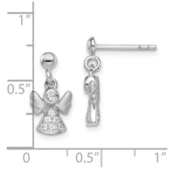 Rhodium-plated Sterling Silver Brushed CZ Angel Dangle Post Earrings