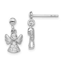 Rhodium-plated Sterling Silver Brushed CZ Angel Dangle Post Earrings