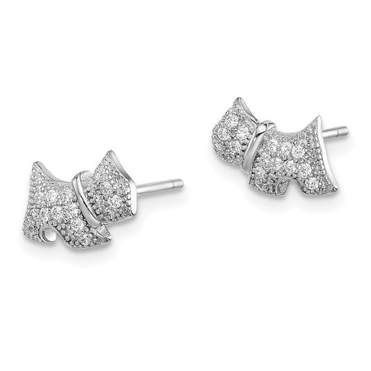 Rhodium-plated Sterling Silver Polished CZ Scottie Dog Post Earrings