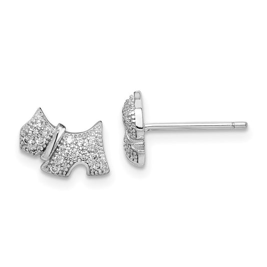 Rhodium-plated Sterling Silver Polished CZ Scottie Dog Post Earrings