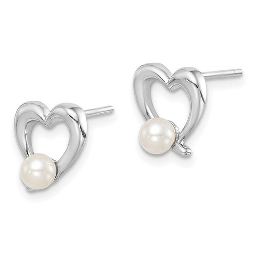 Rhodium-plated Sterling Silver 3-4mm White Round FWC Pearl Heart Earrings