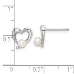 Rhodium-plated Sterling Silver 3-4mm White Round FWC Pearl Heart Earrings