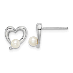 Rhodium-plated Sterling Silver 3-4mm White Round FWC Pearl Heart Earrings