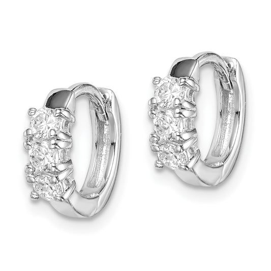 Rhodium-plated Silver 3-stone CZ 2x11mm Hinged Hoop Earrings