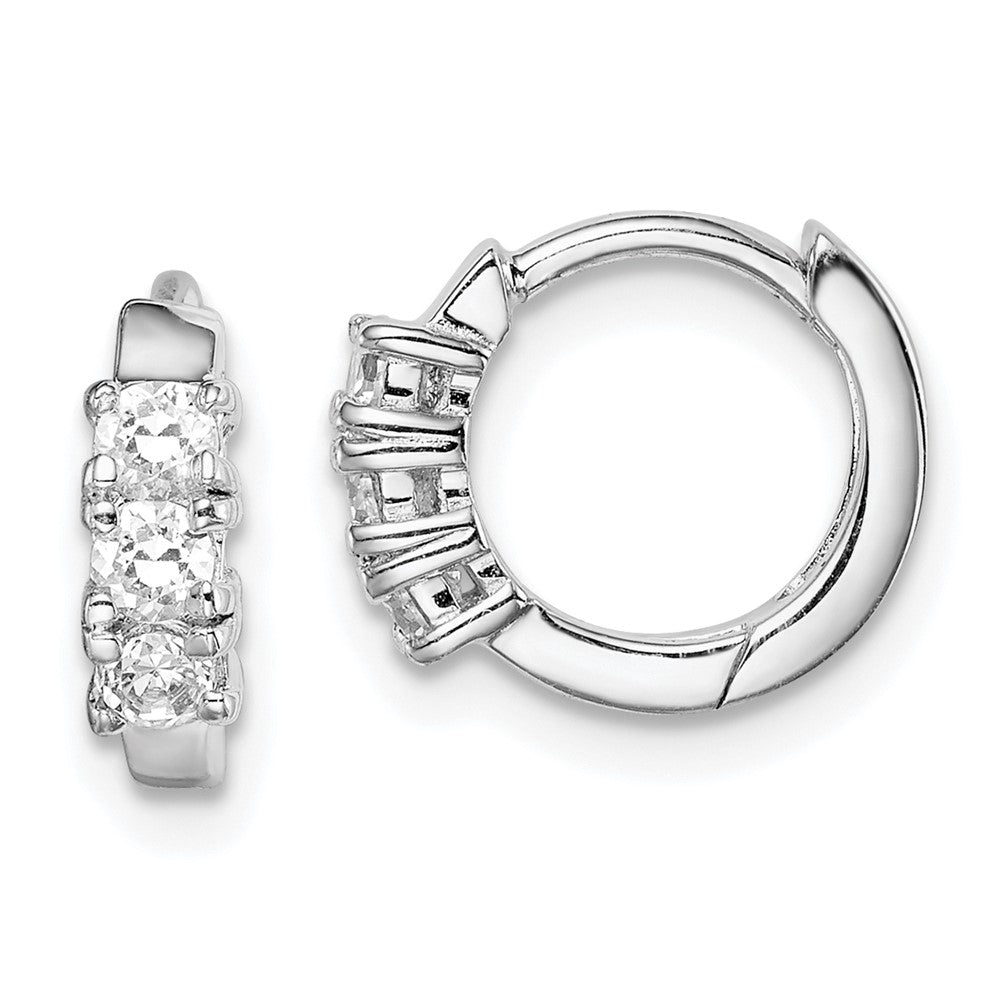 Rhodium-plated Silver 3-stone CZ 2x11mm Hinged Hoop Earrings