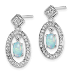 Rhodium-plated Sterling Silver Created Opal CZ Post Dangle Earrings