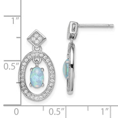 Rhodium-plated Sterling Silver Created Opal CZ Post Dangle Earrings