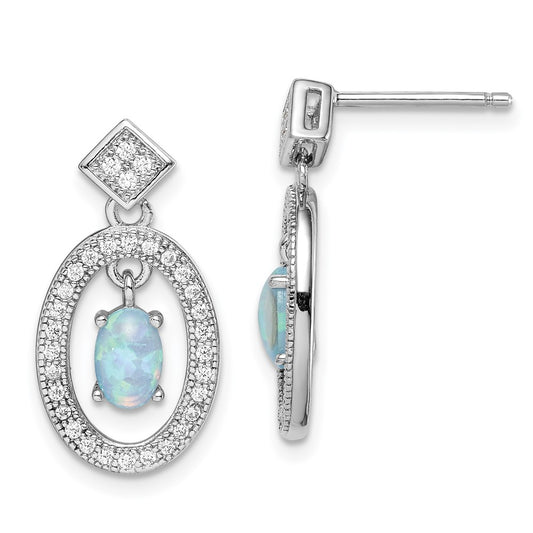 Rhodium-plated Sterling Silver Created Opal CZ Post Dangle Earrings