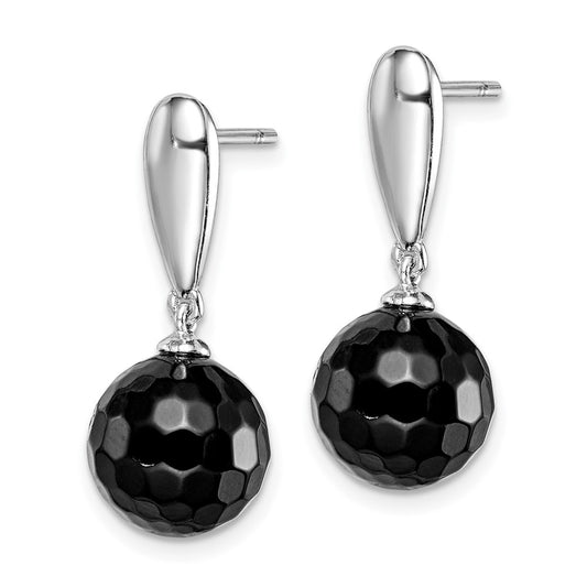Rhodium-plated Sterling Silver Faceted 10mm Onyx Dangle Post Earrings