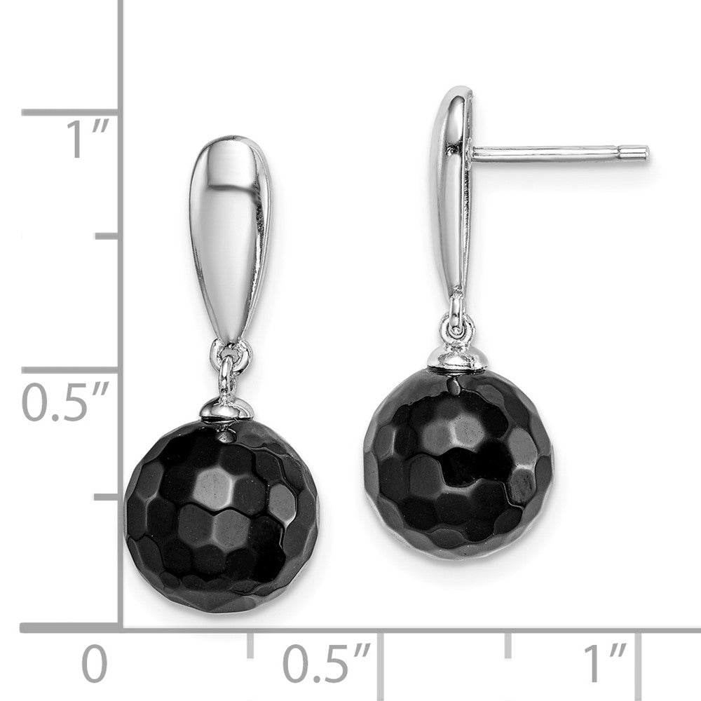 Rhodium-plated Sterling Silver Faceted 10mm Onyx Dangle Post Earrings