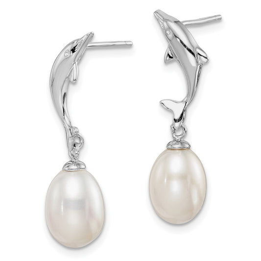 Rhodium-plated Sterling Silver 7-8mm White Rice FWC Pearl Dolphin Earrings