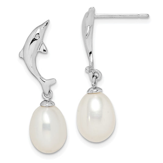 Rhodium-plated Sterling Silver 7-8mm White Rice FWC Pearl Dolphin Earrings