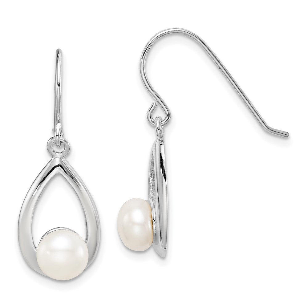 Rhodium-plated Sterling Silver 6-7mm White Button FWC Pearl Dangle Earrings