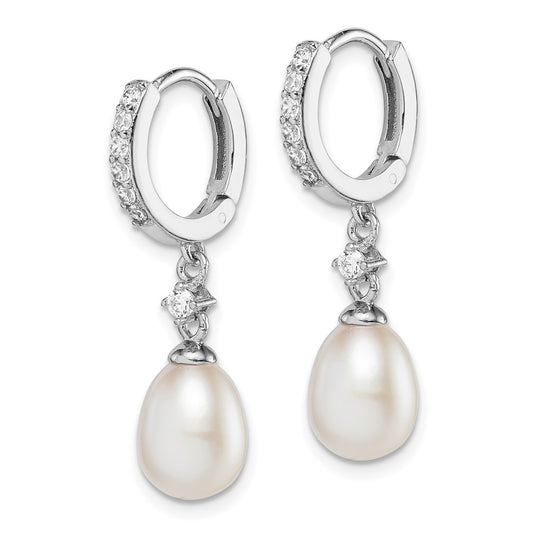 Rhodium-plated Sterling Silver 7-8mm FWC Pearl CZ Hoop Dangle Earrings