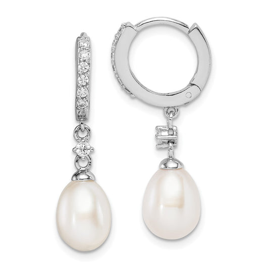 Rhodium-plated Sterling Silver 7-8mm FWC Pearl CZ Hoop Dangle Earrings