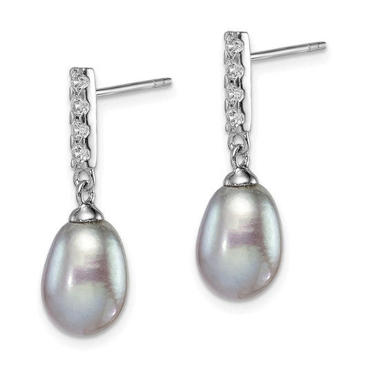 Rhodium-plated Silver 8-9mm Grey Drop FWC Pearl CZ Post Dangle Earrings