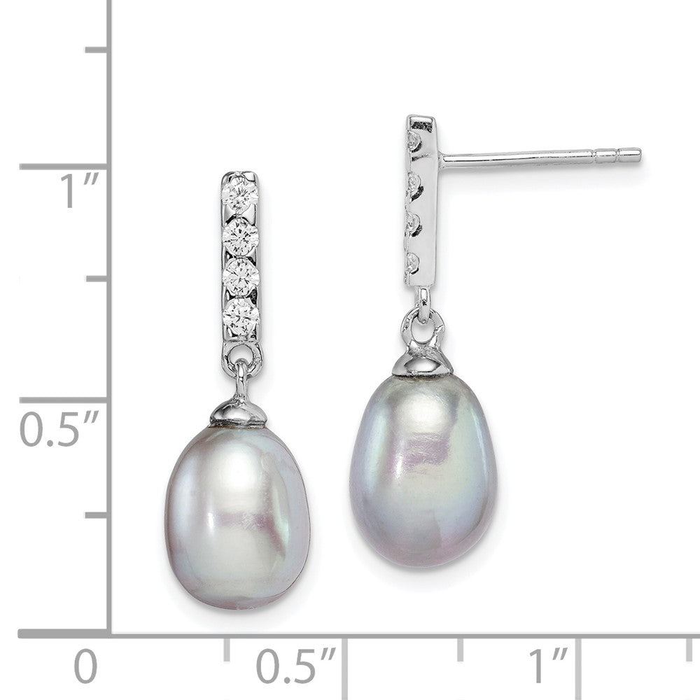 Rhodium-plated Silver 8-9mm Grey Drop FWC Pearl CZ Post Dangle Earrings