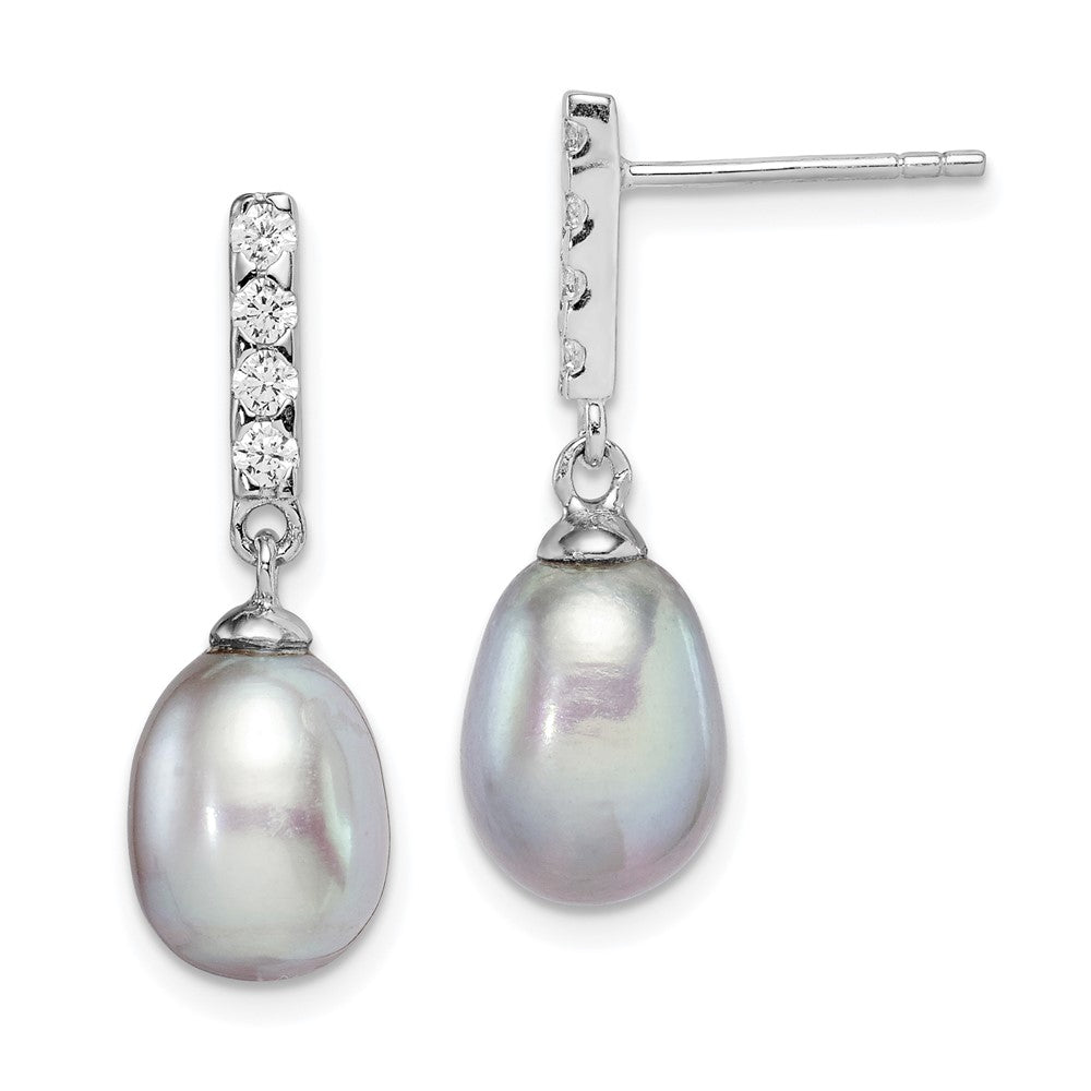 Rhodium-plated Silver 8-9mm Grey Drop FWC Pearl CZ Post Dangle Earrings