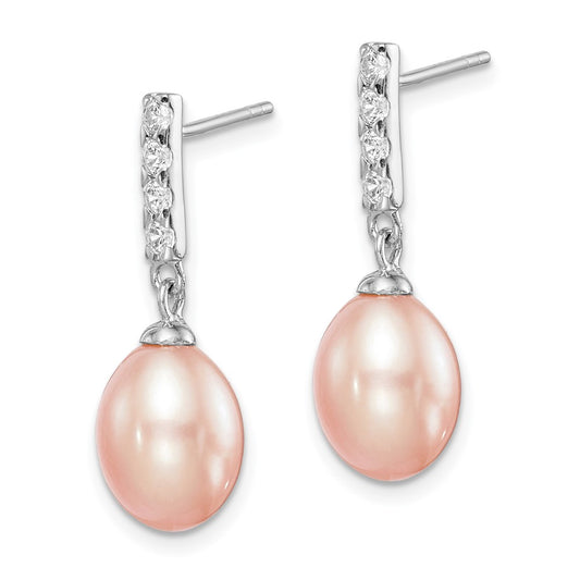 Rhodium-plated Sterling Silver 8-9mm Pink FWC Pearl CZ Post Dangle Earrings