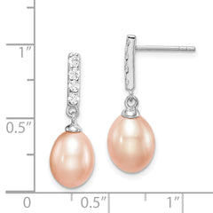 Rhodium-plated Sterling Silver 8-9mm Pink FWC Pearl CZ Post Dangle Earrings