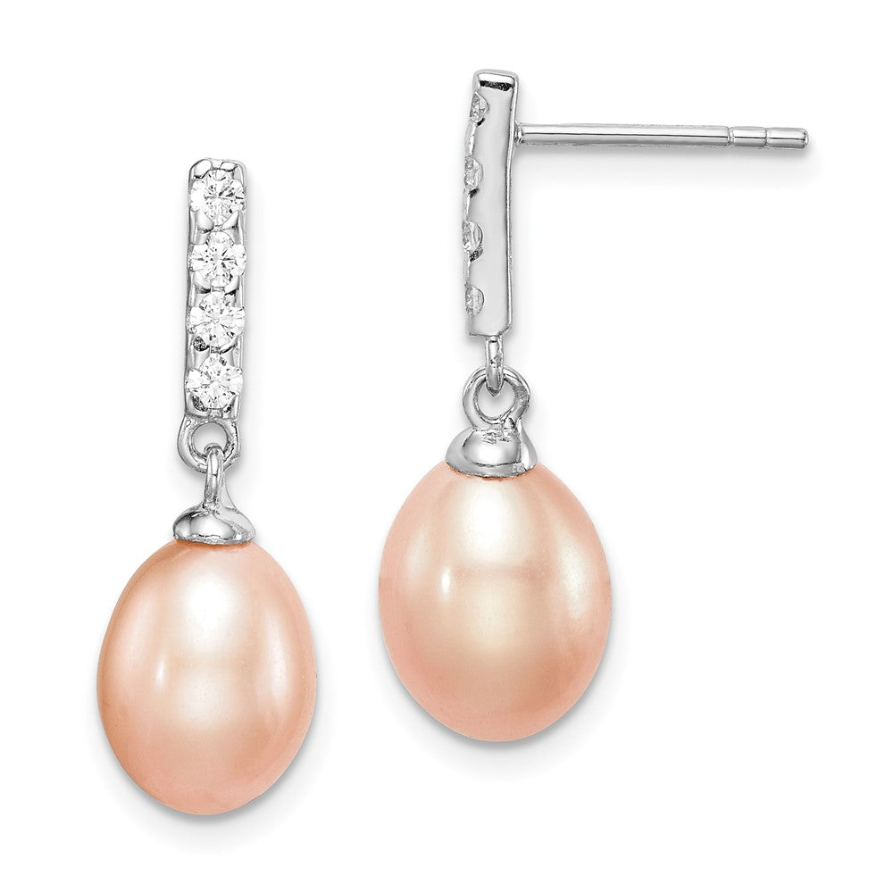 Rhodium-plated Sterling Silver 8-9mm Pink FWC Pearl CZ Post Dangle Earrings