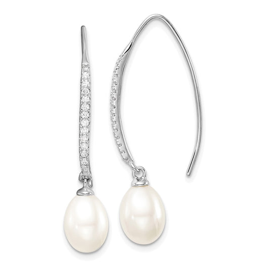 Rhodium-plated Sterling Silver 7-8mm Drop FWC Pearl CZ Threader Earrings