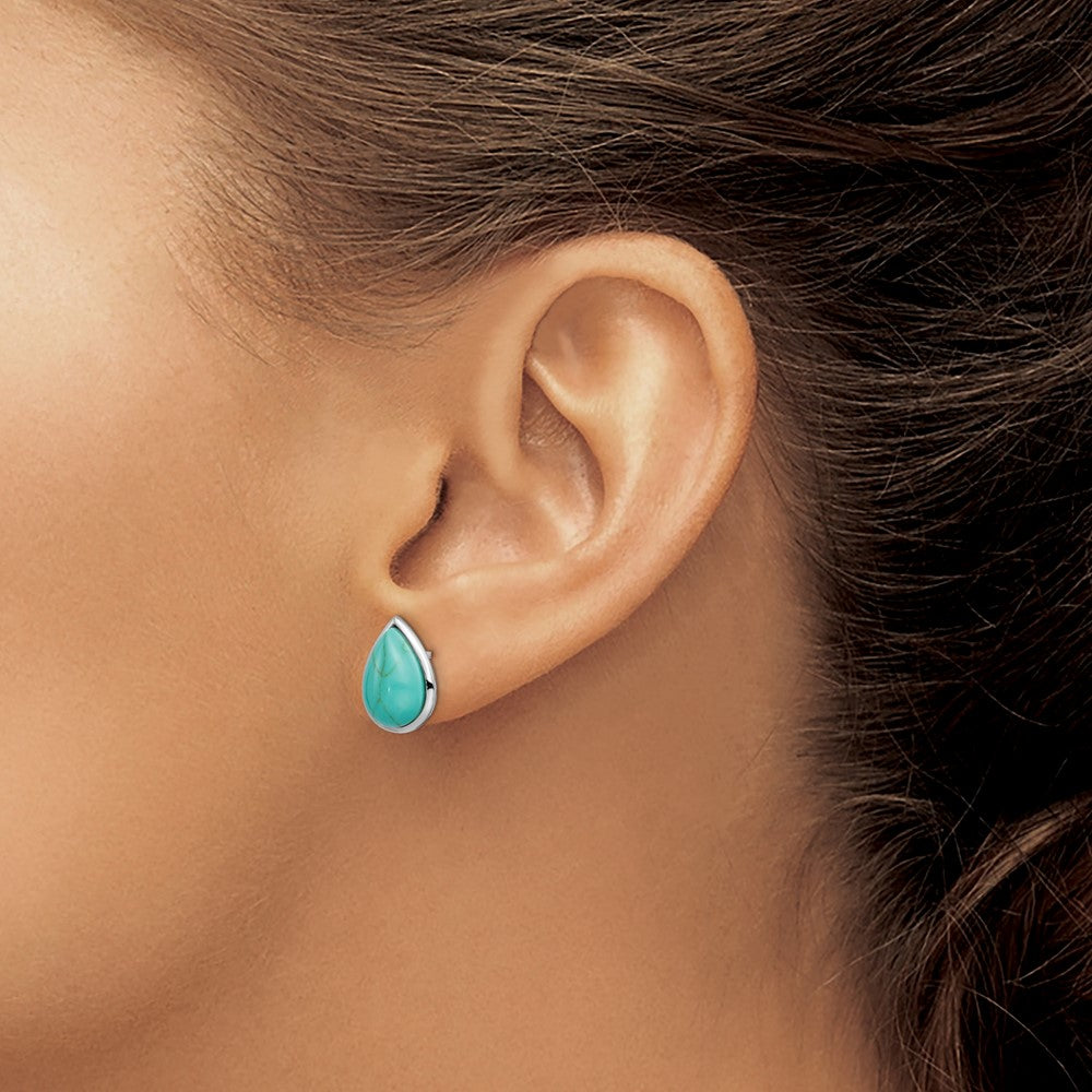 Rhodium-plated Sterling Silver Created Turquoise Teardrop Post Earrings