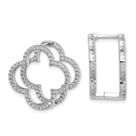 Rhodium-plated Sterling Silver CZ Quatrefoil Hinged In Out Earrings