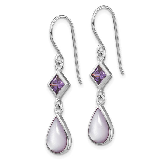 Rhodium-plated Sterling Silver Purple CZ and Purple MOP Dangle Earrings