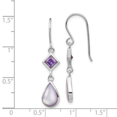 Rhodium-plated Sterling Silver Purple CZ and Purple MOP Dangle Earrings