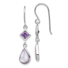 Rhodium-plated Sterling Silver Purple CZ and Purple MOP Dangle Earrings