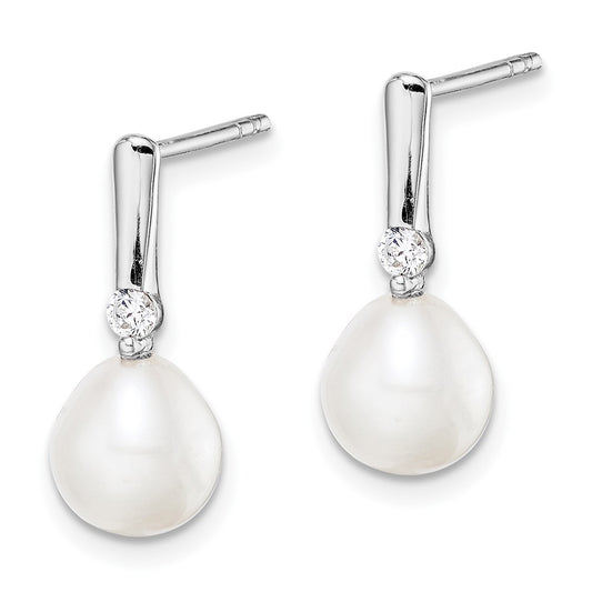 Rhodium-plated Sterling Silver 7-8mm Rice FWC Pearl CZ Dangle Earrings