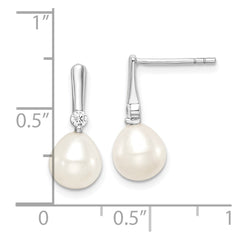 Rhodium-plated Sterling Silver 7-8mm Rice FWC Pearl CZ Dangle Earrings