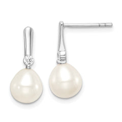 Rhodium-plated Sterling Silver 7-8mm Rice FWC Pearl CZ Dangle Earrings