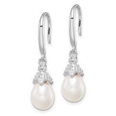 Rhodium-plated Sterling Silver 7-8mm Rice FWC Pearl CZ Dangle Earrings