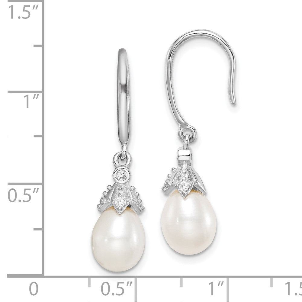 Rhodium-plated Sterling Silver 7-8mm Rice FWC Pearl CZ Dangle Earrings