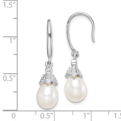 Rhodium-plated Sterling Silver 7-8mm Rice FWC Pearl CZ Dangle Earrings