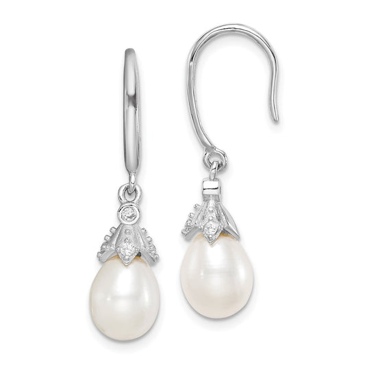 Rhodium-plated Sterling Silver 7-8mm Rice FWC Pearl CZ Dangle Earrings