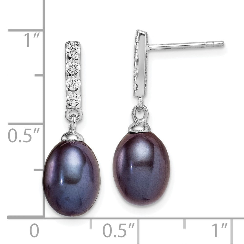 Rhodium-plated Silver 8-9mm Black Drop FWC Pearl CZ Dangle Earrings