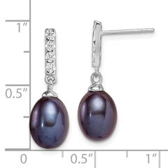 Rhodium-plated Silver 8-9mm Black Drop FWC Pearl CZ Dangle Earrings