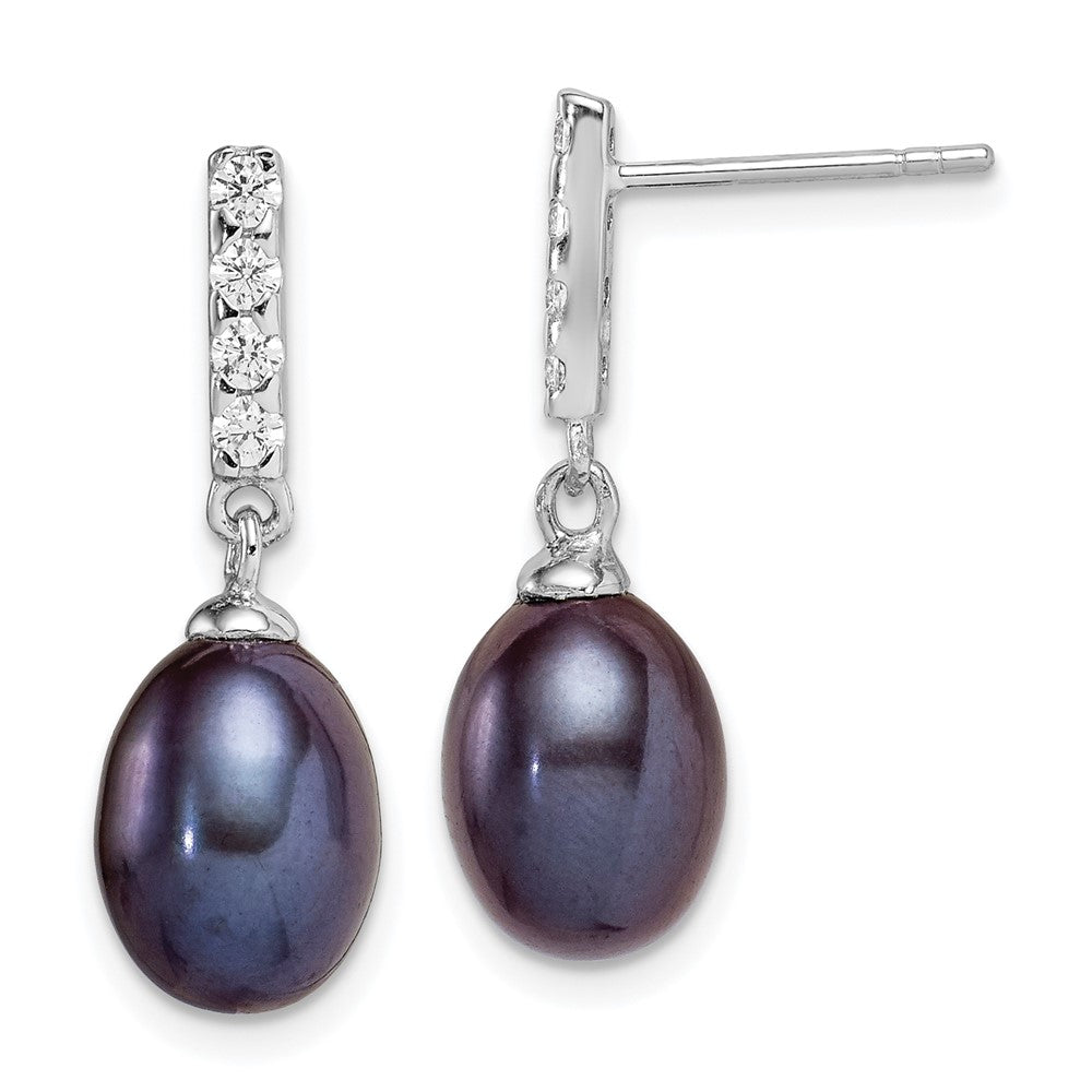 Rhodium-plated Silver 8-9mm Black Drop FWC Pearl CZ Dangle Earrings