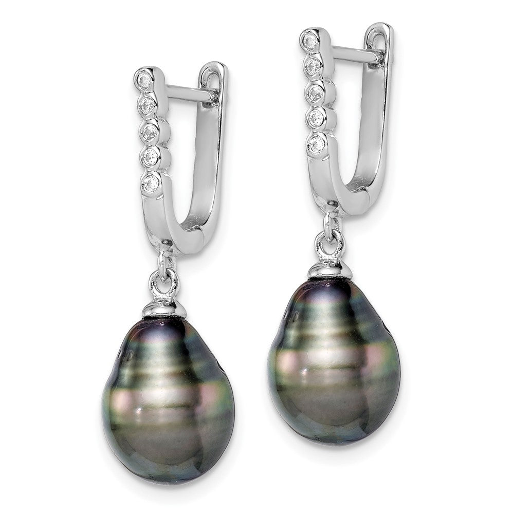 Rhodium-plated Sterling Silver 9-10mm Tahitian Pearl CZ Dangle Earrings